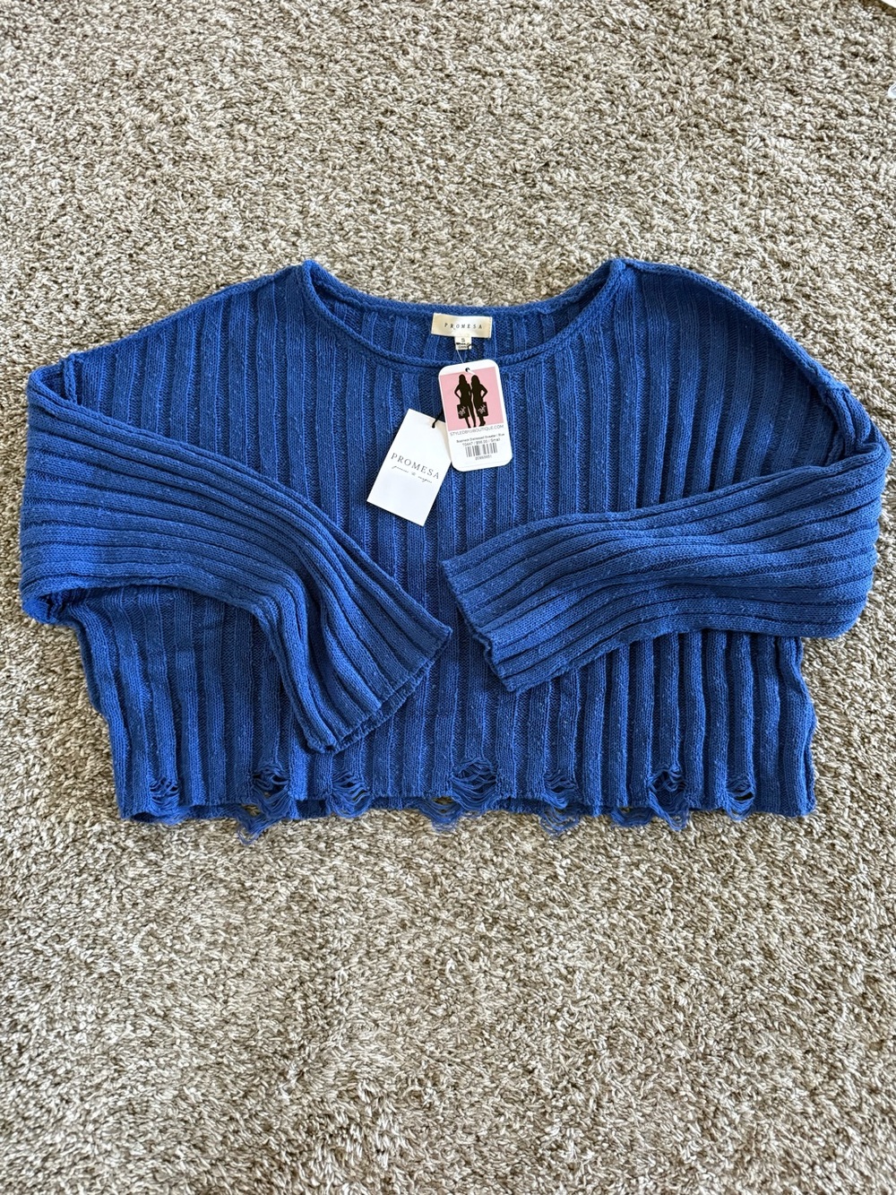 Proenza Schouler Royal Blue Ribbed Cropped Sweater